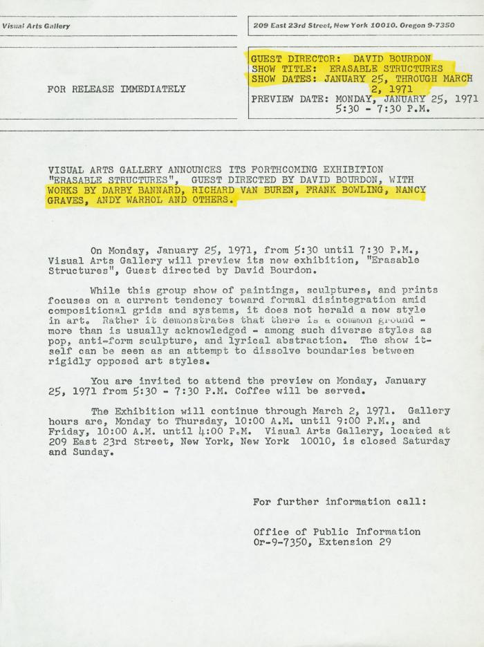Press Releases depicts: Typewritten description of exhibition