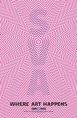 Posters depicts: Pink and white illusionary graphic that appears to be moving; SVA is spelled out vertically in light blue.