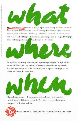 Posters depicts: Large green brush text and small black typed text against a gray background.