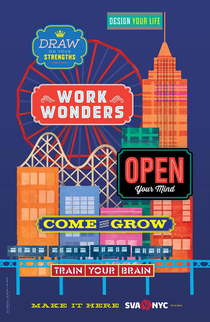 Posters depicts: Colorful graphic of a subway track passing a cityscape, including a ferris wheel and roller coaster, against a dark blue background.