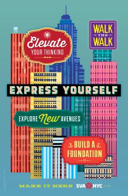 Posters depicts: Colorful, geometric graphic of a cityscape against a blue background. Supplementary text is contained in sign-like shapes.