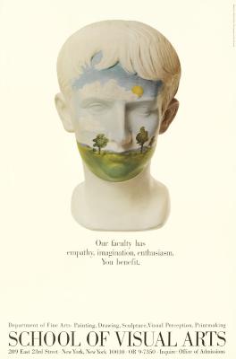 Posters depicts: Photograph of a Roman bust of a man's head with a forest scene painted on it.
