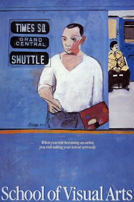Posters depicts: Painting of a man on the New York subway holding a paint palette and brush.