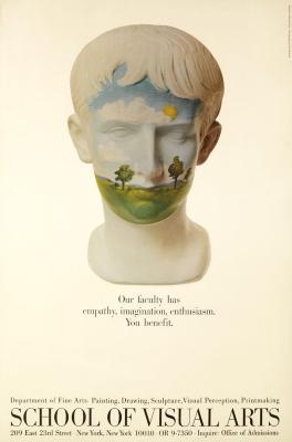 Posters depicts: Photograph of a Roman bust of a man's head with a forest scene painted on it.