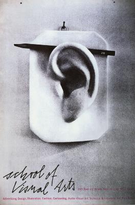 Posters depicts: Black and white photograph of a model of a human ear with a real pencil tucked behind it.