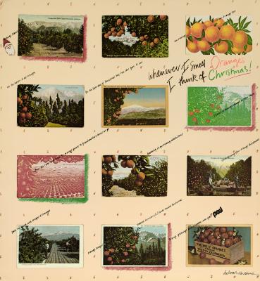 Posters depicts: 12 images of oranges and people working on fruit farms are laid out in a 3x4 grid