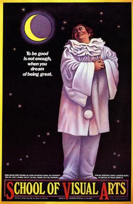 Posters depicts: Color illustration of a smiling person in a Pierrot costume against a night sky background with a crescent moon.
