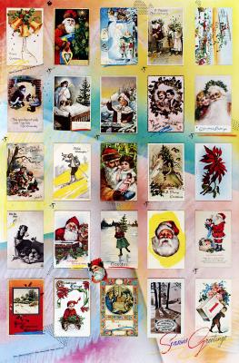 Posters depicts: 25 Christmas themed illustrations are shown over a colorful gradient background 