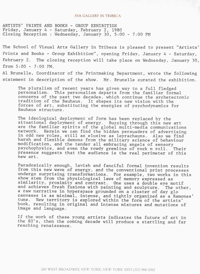 Press Releases depicts: Typewritten description of exhibition