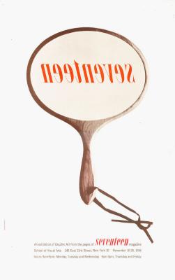 Posters depicts: A handmirror with a mirror image of the logotype "seventeen" above exhibition information. 