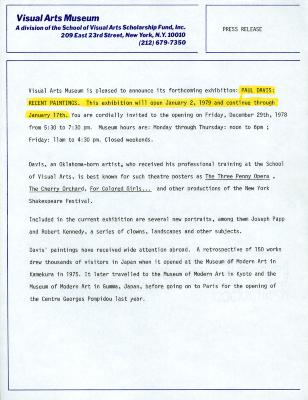 Press Releases depicts: Typewritten description of exhibition