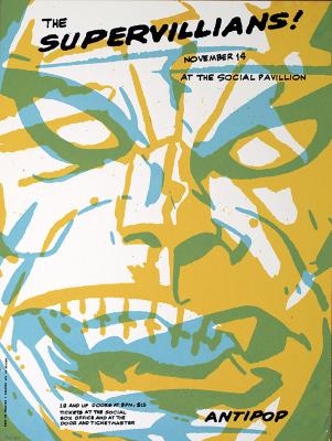 Posters, Prints depicts: Two comic villain's faces overlaid on each other in blue and yellow, where they intersect is green 
