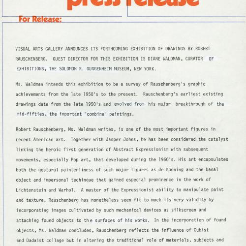 Press Releases depicts: Typewritten document describing exhibition