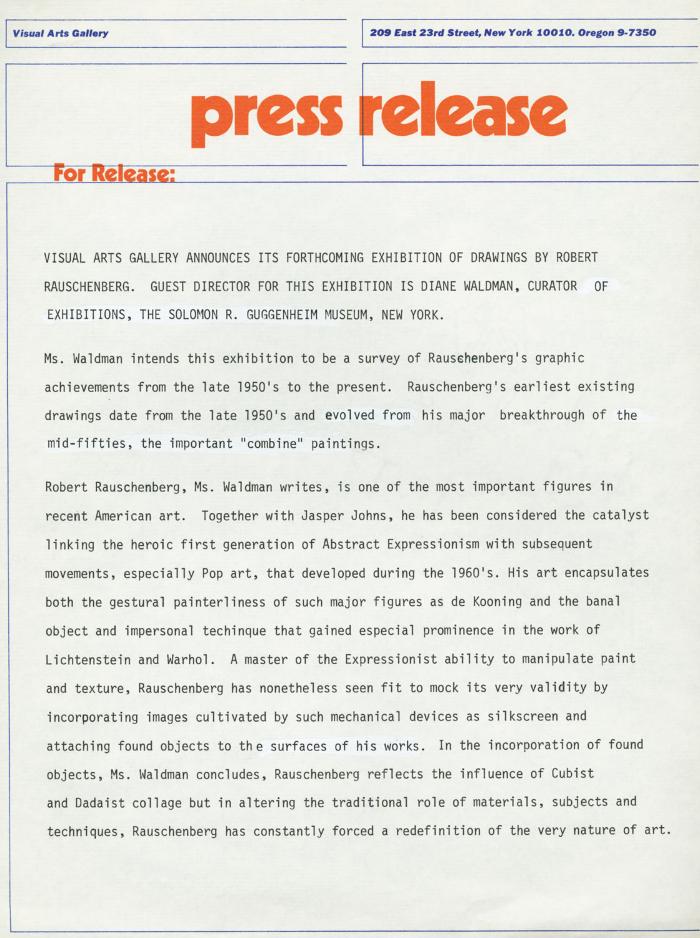 Press Releases depicts: Typewritten document describing exhibition