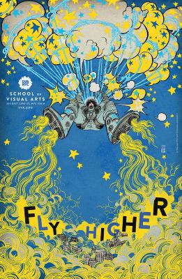 Posters depicts: View from below of a female astronaut blasting into the sky, hoisted by clouds tied with rope against a blue and yellow background.
