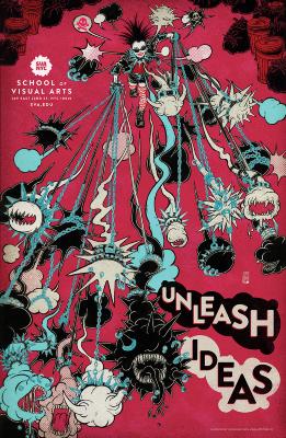 Posters depicts: Aerial view of a punk woman holding many ideas (represented as black, blue and white amorphous clouds with fangs) on chains and leashes against a hot pink background.
