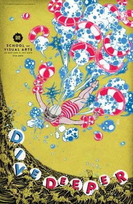 Posters depicts: A female swimmer, surrounded by pink and blue clouds, mid-jumping into water, against a yellow background.