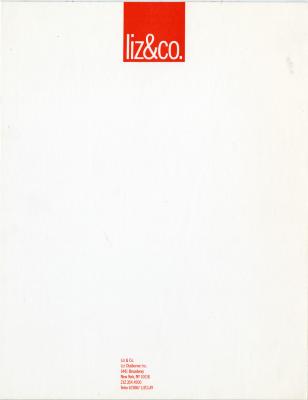 Letterheads/Stationery depicts: "liz&co." inside a red square oriented to the center top of letterhead paper. 