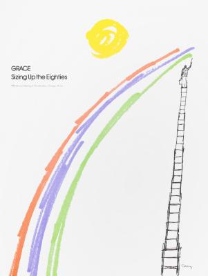 Posters depicts: Crude illustration of man at the top of a long ladder, holding a paint can and brush, painting half of a red, purple, and green rainbow under a yellow scribble-like sun.