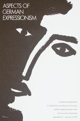 Posters depicts: A simple, brown and white drawing of a face, half in shadow, title in the top left corner, and exhibition in the bottom right