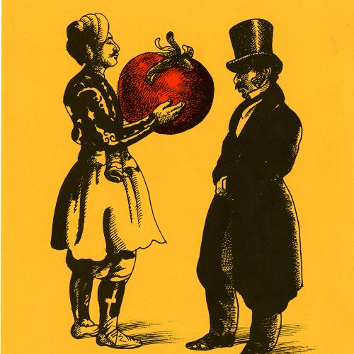 Bulletins and catalogs, Cards depicts: Man handing over a giant tomato to another man in a suit.