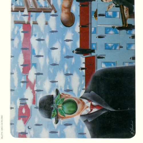 Announcements and invitations depicts: Magritte man with bowler hat and apple