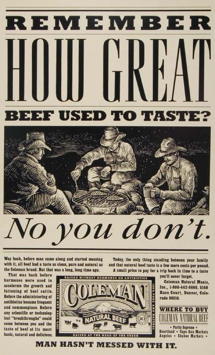 Advertisements depicts: Linocut illustration of three men in cowboy hats grilling meat on a fire, underneath is the Coleman label featuring cows in a field in front of a sunset