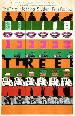 Announcements and invitations depicts: Grid of serialized images in each row; images include a playing card, the number three, a train, a clock, and lips.