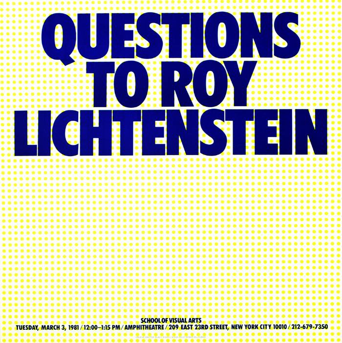 Posters depicts: blue text on a yellow dot screen background