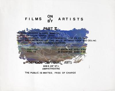 Posters depicts: black lettering on mixed blue and gray paint