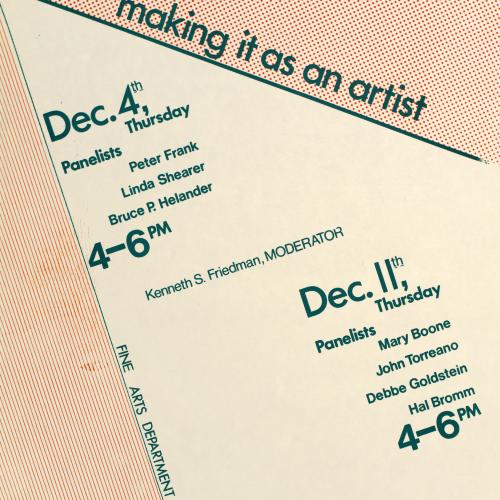 Posters depicts: white poster with red stripes and dots with event information in green lettering