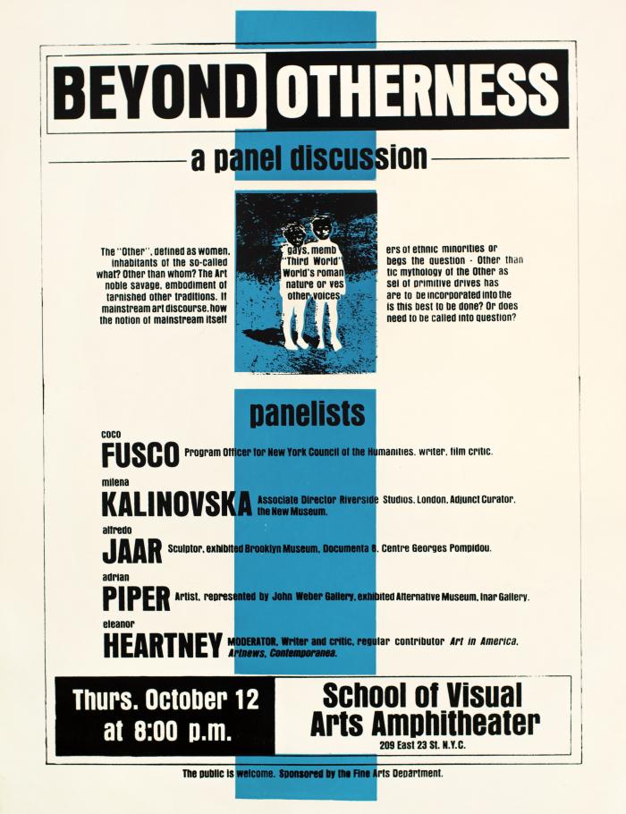 Posters depicts: Blue rectangle runs down the middle of the poster, with an image of 2 children in the center.