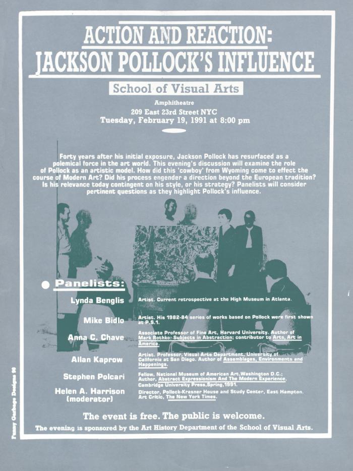 Posters depicts: group of people screen printed in green looking at a Pollock painting