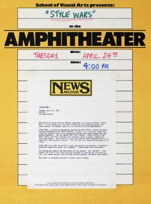 Posters depicts: press release on yellow background