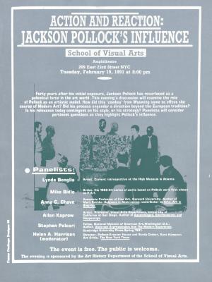 Posters depicts: group of people screen printed in green looking at a Pollock painting