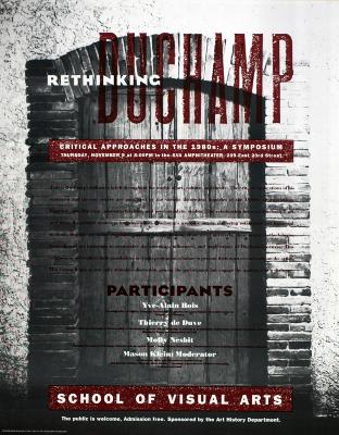 Posters depicts: wooden door in a brick wall with lettering about the event on top of it