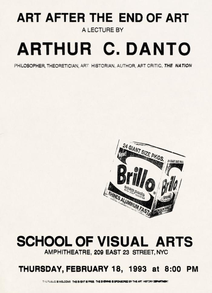 Posters depicts: white poster with event information in black block type with a small Warhol-like Brillo box just right of center