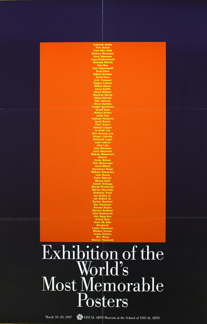 Posters depicts: Title of exhibition below large orange rectangle with participating artists listed vertically down the center