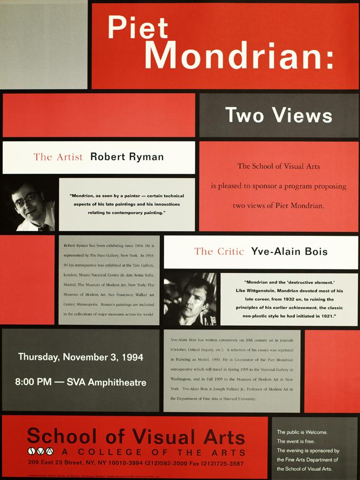 Posters depicts: type in red, gray and white rectangles of different dimensions stacked like bricks