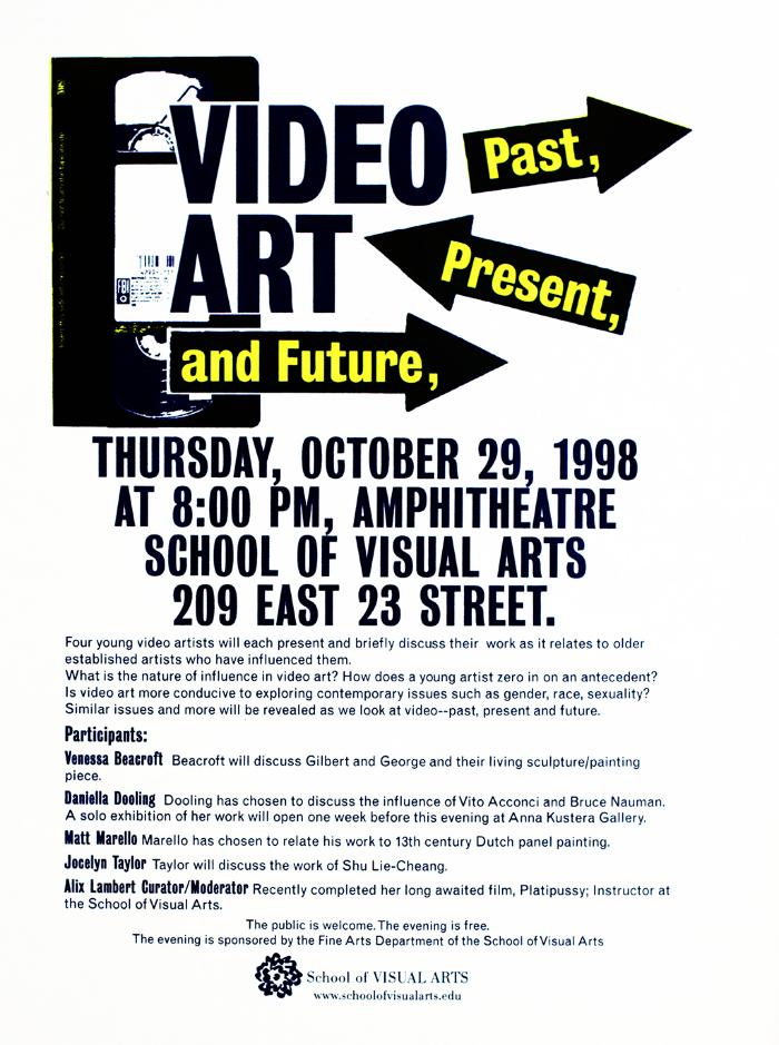 Posters depicts: "Video Art" on top of a VHS cassette; the words Past, Present and Future are printed on arrows.