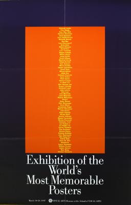 Posters depicts: Title of exhibition below large orange rectangle with participating artists listed vertically down the center