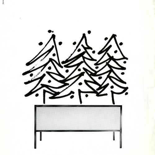 Advertisements depicts: Simple ink brush drawings of Christmas trees above a cutout of a board.