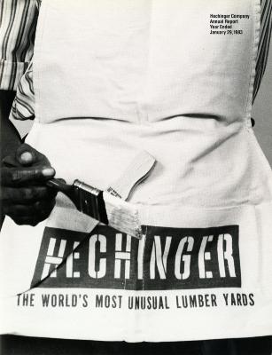 Annual Reports and Corporate Communications depicts: Photograph of the lower torso of a person holding a paintbrush and Hechinger logo on their apron.