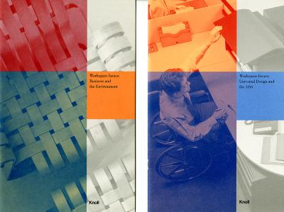 Booklet/Brochure depicts: Birds eye view photograph of a weaved chair. Photograph of a man in a wheelchair.