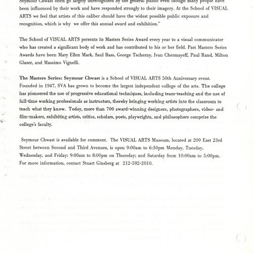 Press Releases depicts: typed press release on School of Visual Arts letterhead