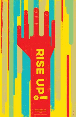 Posters depicts: A stylized red hand reaches upward against a background of blue, red, yellow and green streaks. Text appears in yellow.
