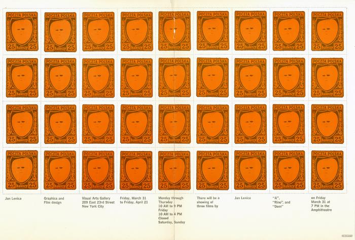 Posters depicts: A nine-by-four grid of Polish postage stamps, with exhibition information beneath