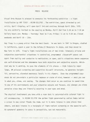 Press Releases depicts: Typewritten description of exhibition