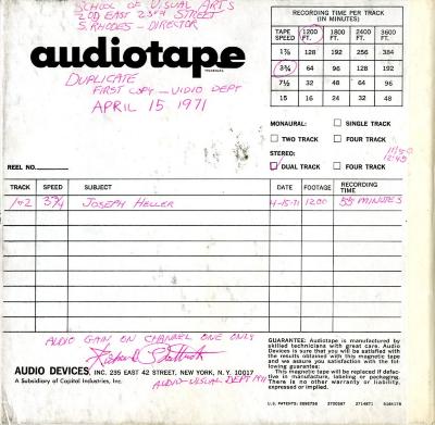 Audio Recordings depicts: Back of open reel box with event and technical information