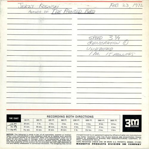 Audio Recordings depicts: Back of open reel box with event information